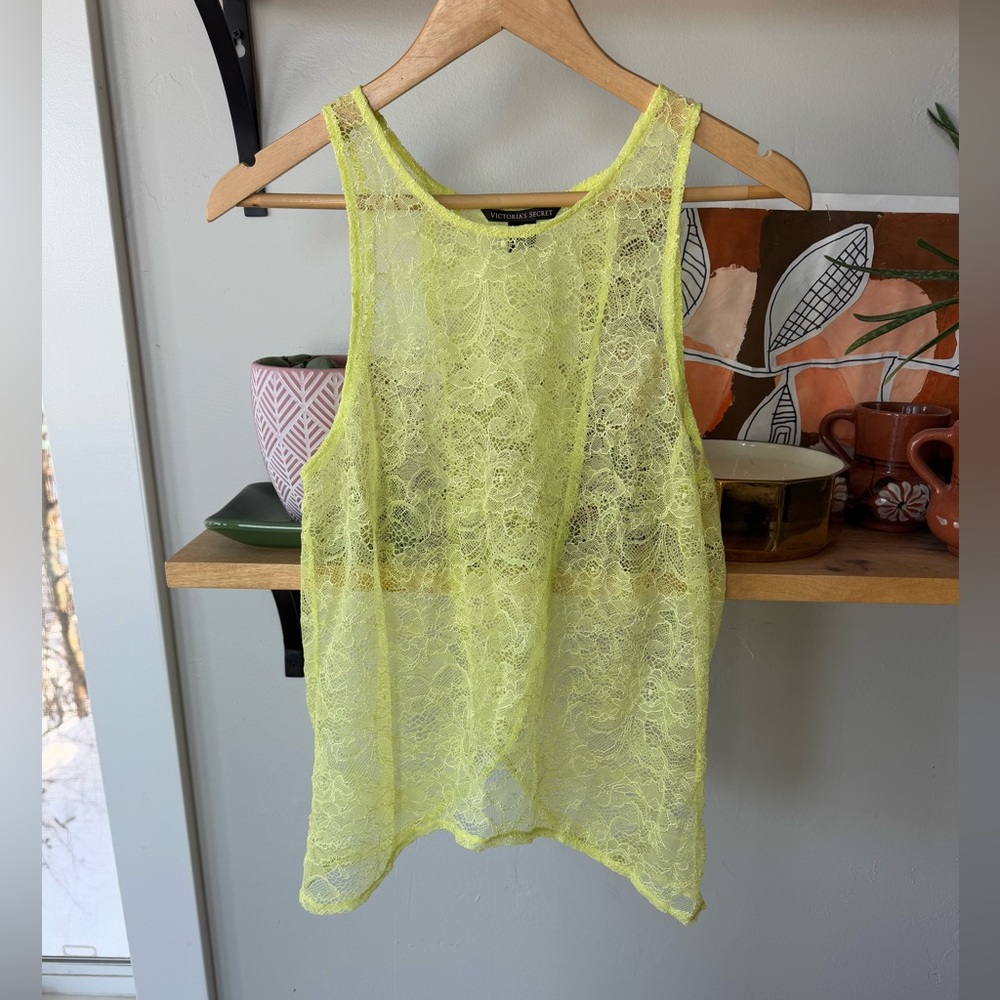 Victoria’s Secret Neon Yellow Sheer Lace Cross Back Tank Top Swim Cover Up Small - Picture 5 of 13